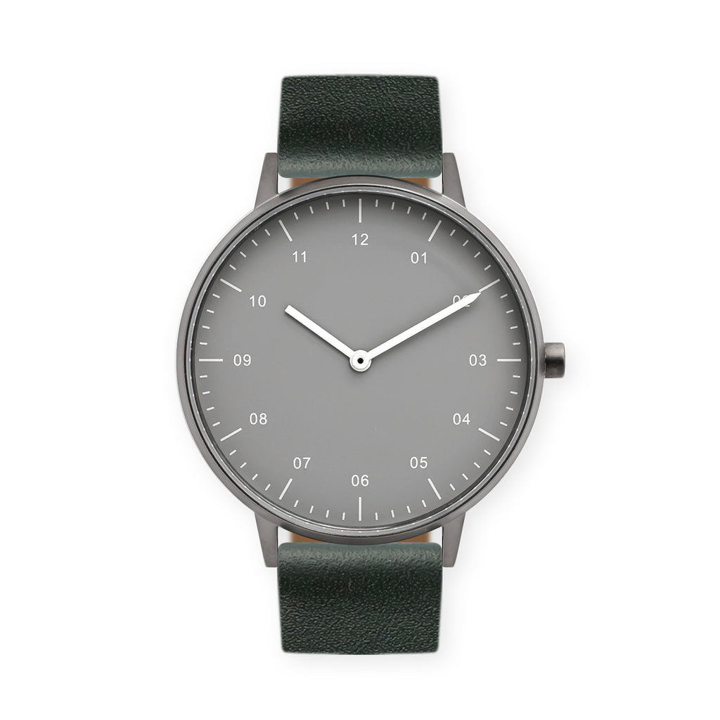 B40 Watch, Gunmetal Case, Gray Dial, Leather Strap - Green