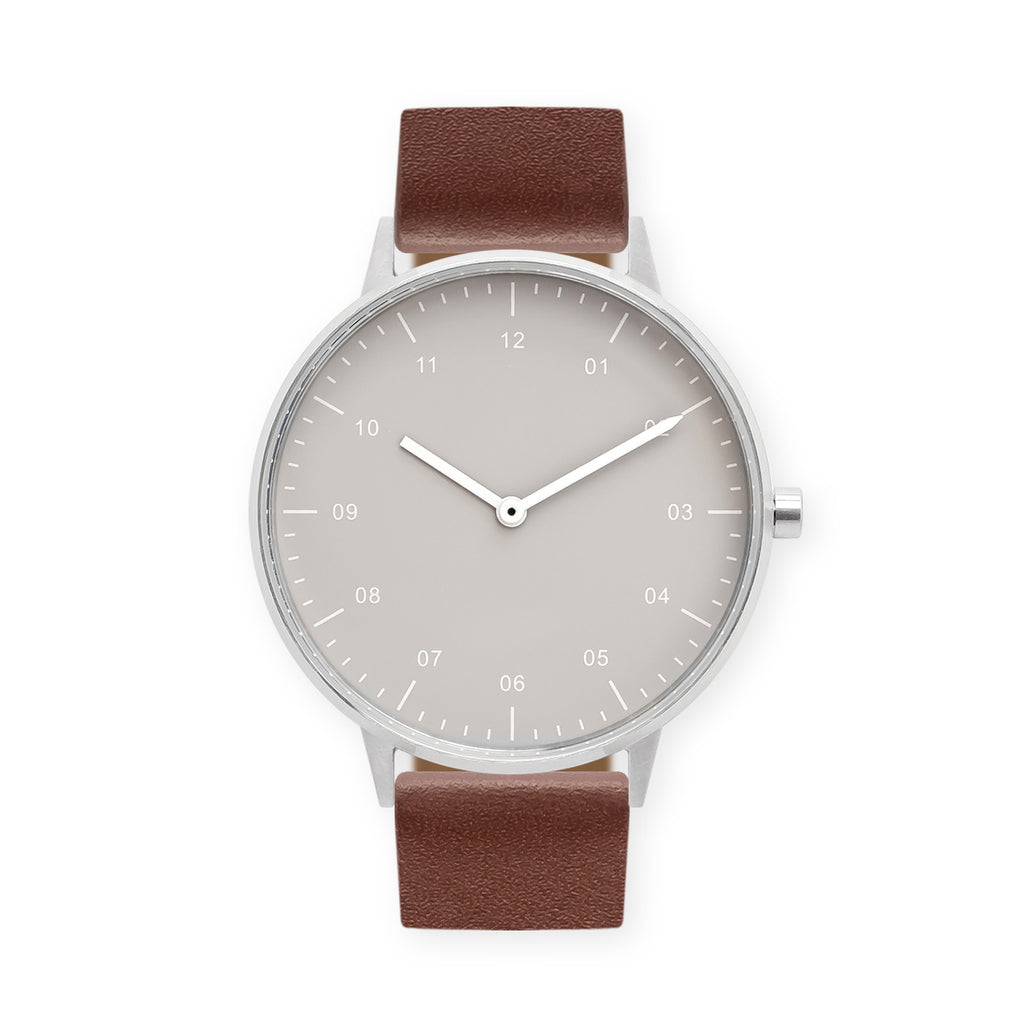 B40 Watch, Silver Case, Beige Dial, Leather Strap - Coffee