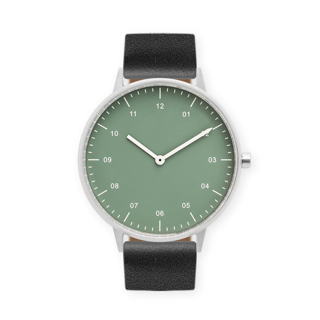B40 Watch, Silver Case, Green Dial, Leather Strap - Black