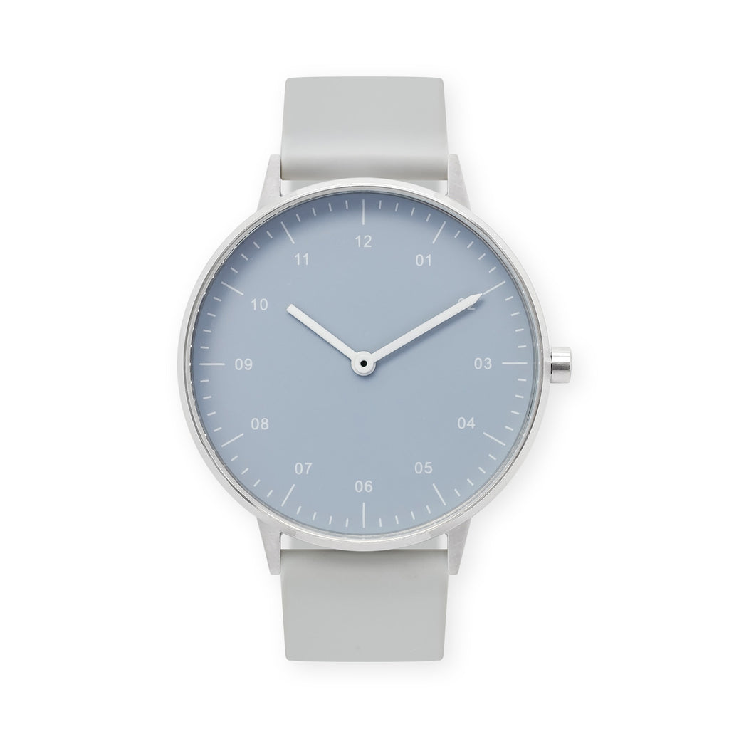 B40 Watch, Silver Case, Dusty Blue Dial, Rubber Strap - Light Gray