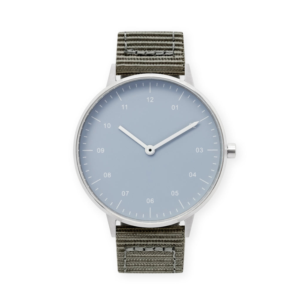 B40 Watch, Silver Case, Dusty Blue Dial, Nylon Strap - Gray