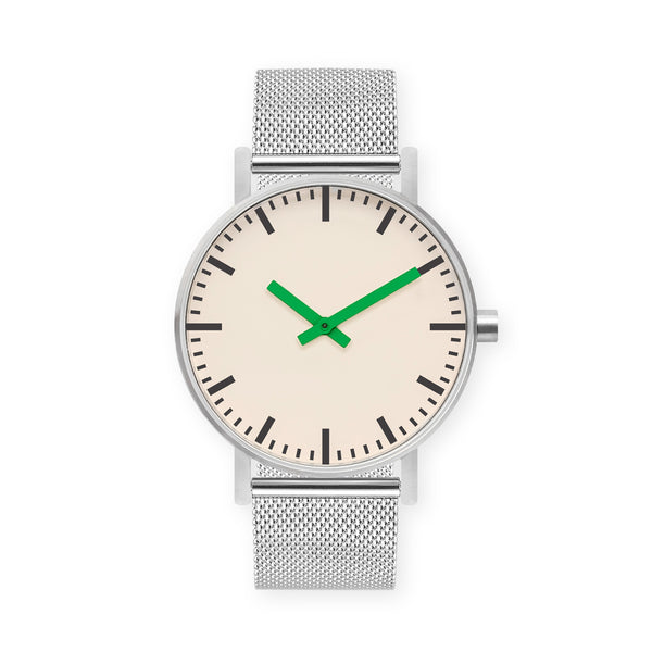 B50 Watch, Silver Case, Off White Dial, Green Hand, Stainless Steel Mesh Strap