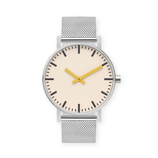 B50 Watch, Silver Case, Off White Dial, Yellow Hand, Stainless Steel Mesh Strap