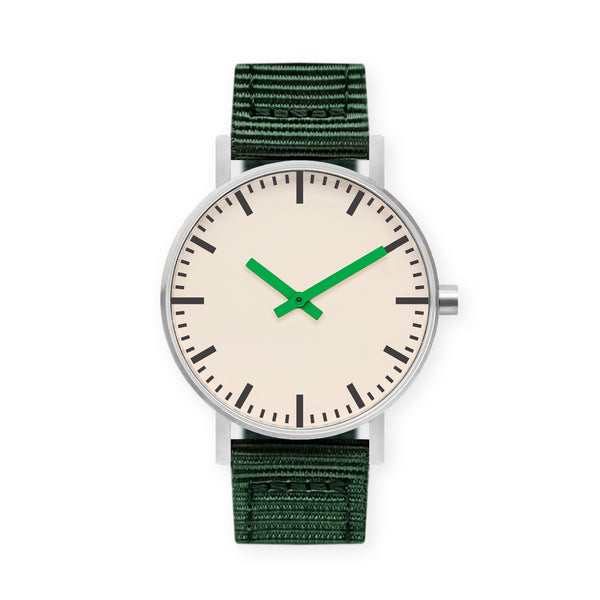 B50 Watch, Silver Case, Off White Dial, Green Hand, Nylon Strap - Green
