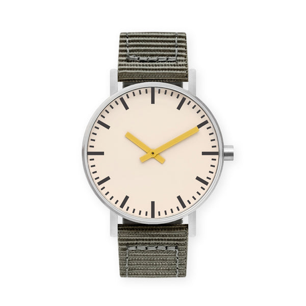B50 Watch, Silver Case, Off White Dial, Yellow Hand, Nylon Strap - Gray