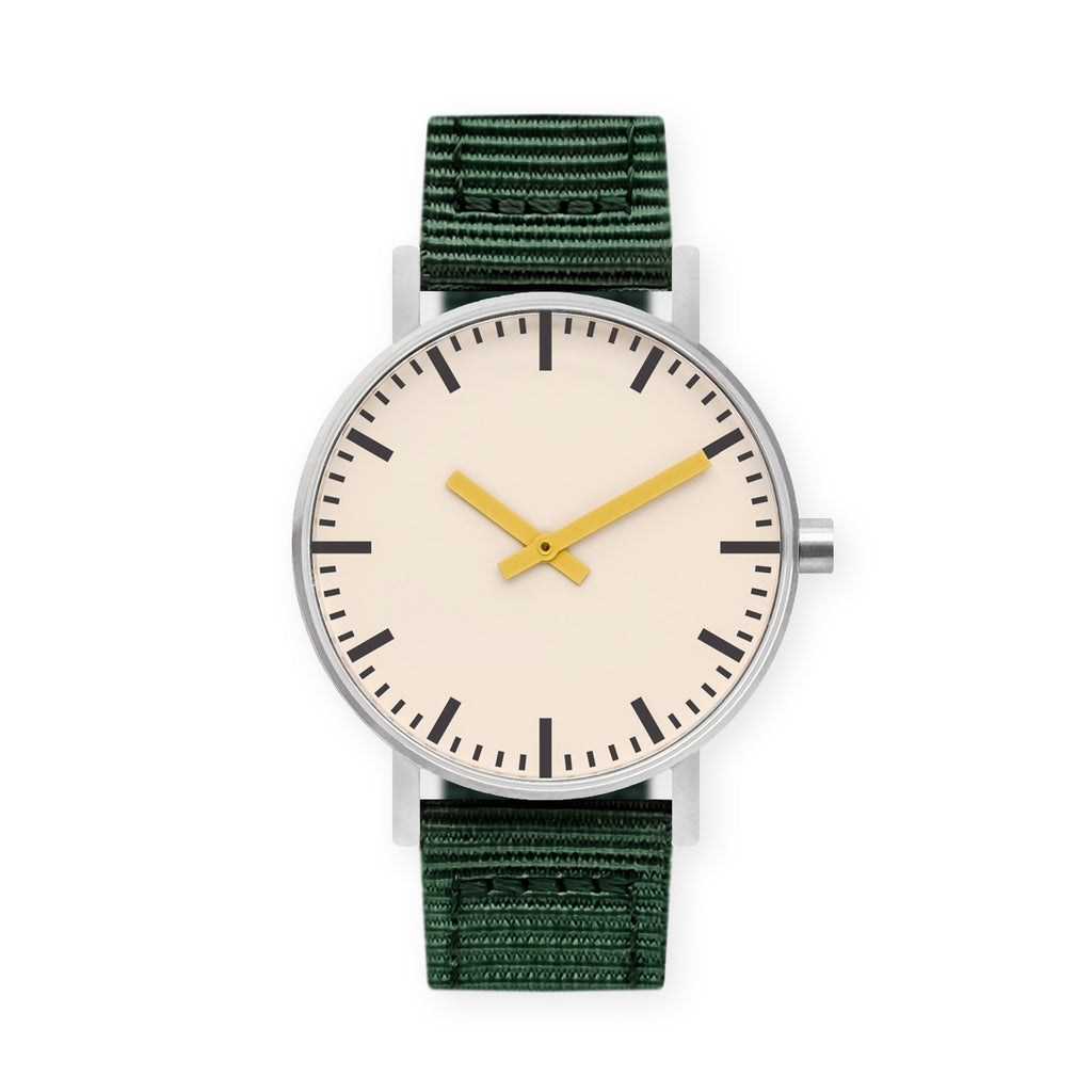 B50 Watch, Silver Case, Off White Dial, Yellow Hand, Nylon Strap - Green