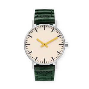 B50 Watch, Silver Case, Off White Dial, Yellow Hand, Nylon Strap - Green