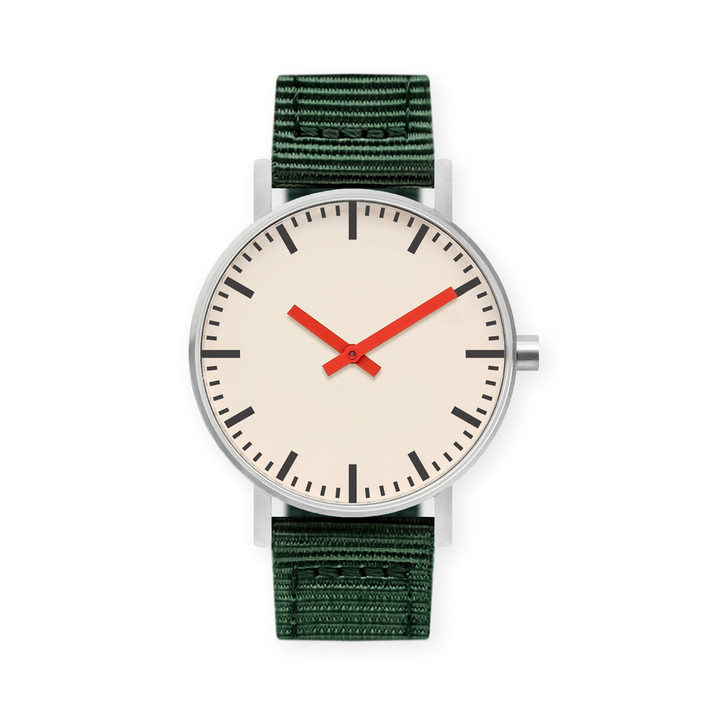 B50 Watch, Silver Case, Off White Dial, Red Hand, Nylon Strap - Green