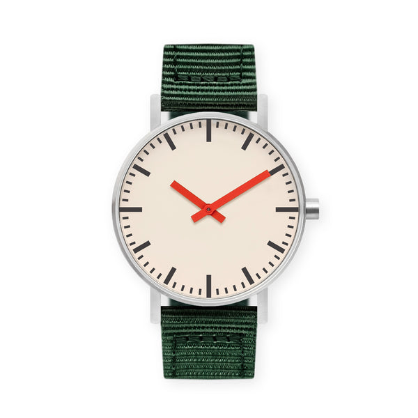 B50 Watch, Silver Case, Off White Dial, Red Hand, Nylon Strap - Green