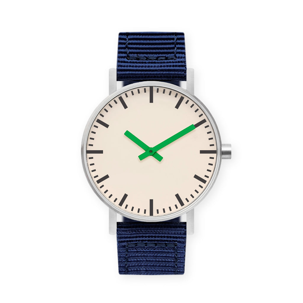 B50 Watch, Silver Case, Off White Dial, Green Hand, Nylon Strap - Navy