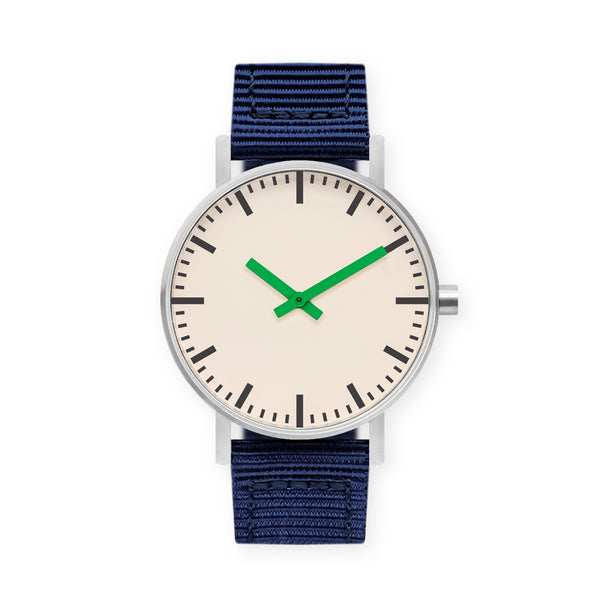 B50 Watch, Silver Case, Off White Dial, Green Hand, Nylon Strap - Navy