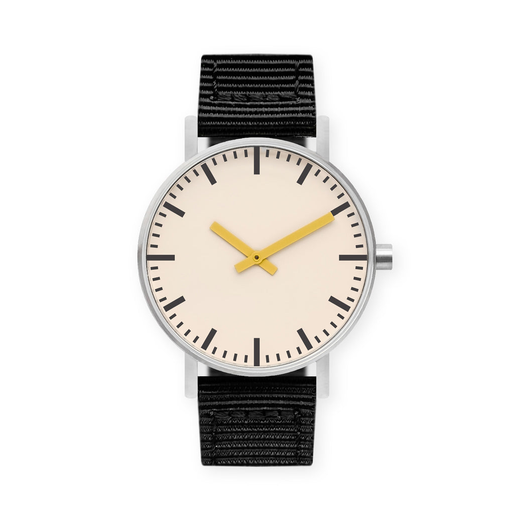 B50 Watch, Silver Case, Off White Dial, Yellow Hand, Nylon Strap - Black