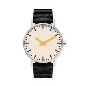 B50 Watch, Silver Case, Off White Dial, Yellow Hand, Nylon Strap - Black