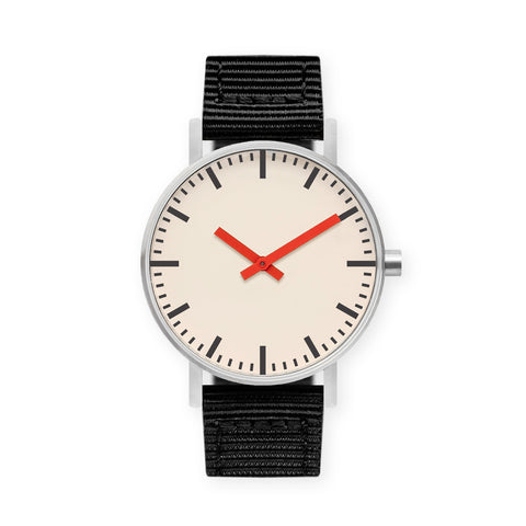 B50 Watch, Silver Case, Off White Dial, Red Hand, Nylon Strap - Black