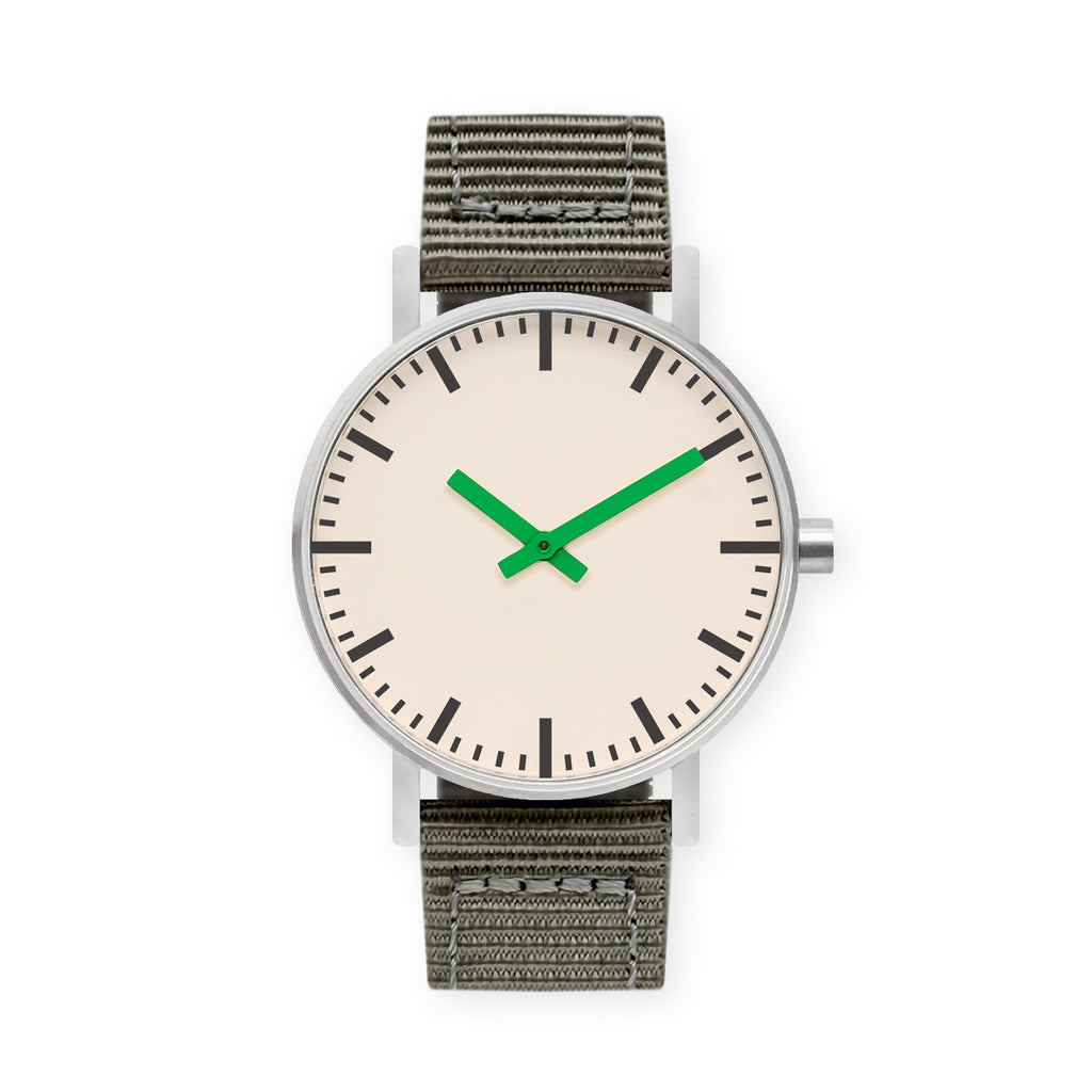 B50 Watch, Silver Case, Off White Dial, Green Hand, Nylon Strap - Gray