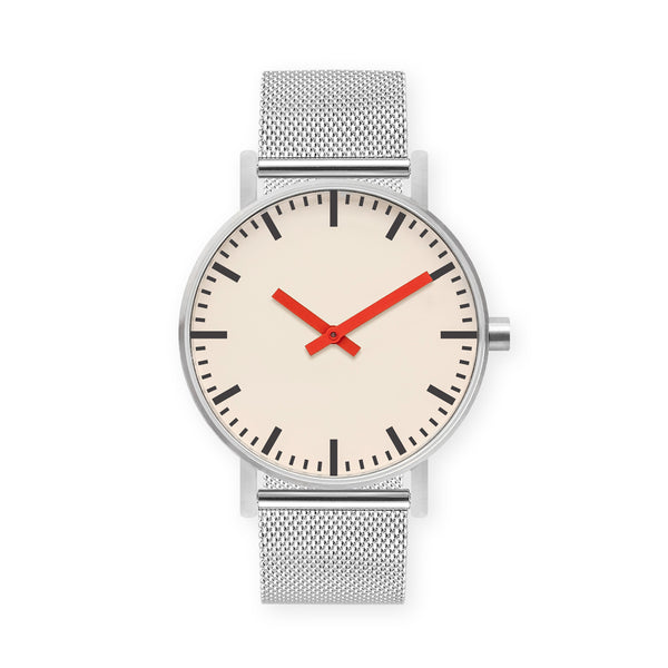 B50 Watch, Silver Case, Off White Dial, Red Hand, Stainless Steel Mesh Strap