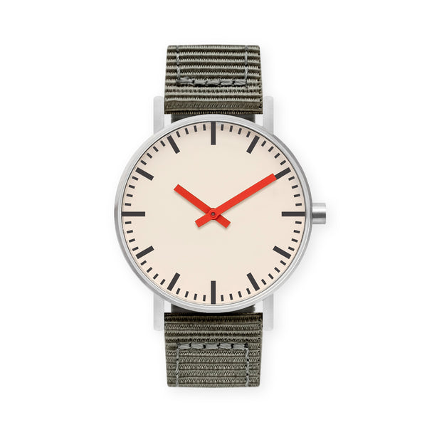 B50 Watch, Silver Case, Off White Dial, Red Hand, Nylon Strap - Gray