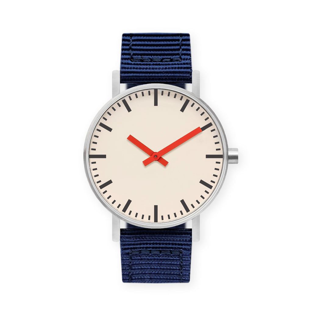 B50 Watch, Silver Case, Off White Dial, Red Hand, Nylon Strap - Navy