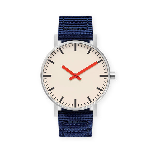 B50 Watch, Silver Case, Off White Dial, Red Hand, Nylon Strap - Navy
