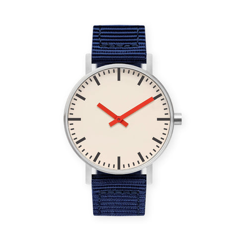 B50 Watch, Silver Case, Off White Dial, Red Hand, Nylon Strap - Navy