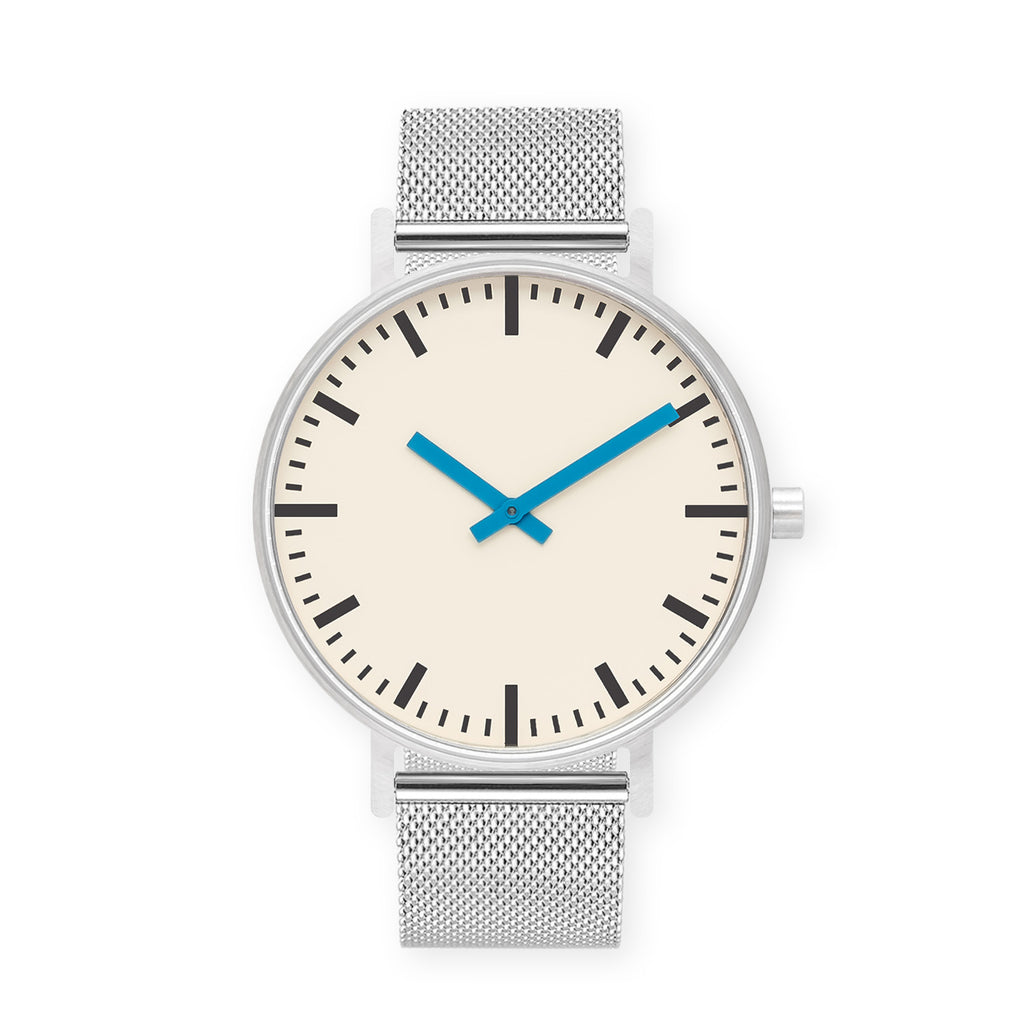 B50 Watch, Silver Case, Off White Dial, Blue Hand, Stainless Steel Mesh Strap