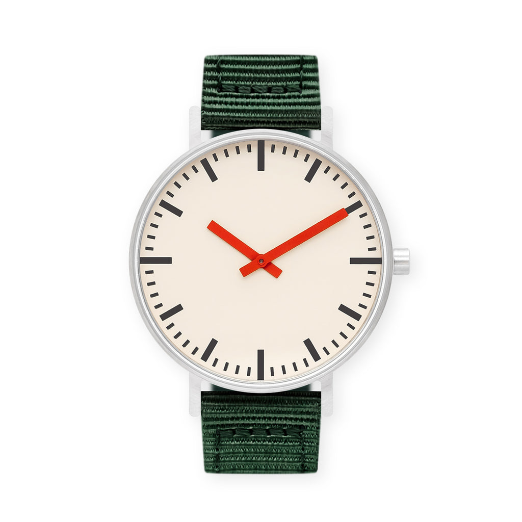 B50 Watch, Silver Case, Off White Dial, Red Hand, Nylon Strap - Green