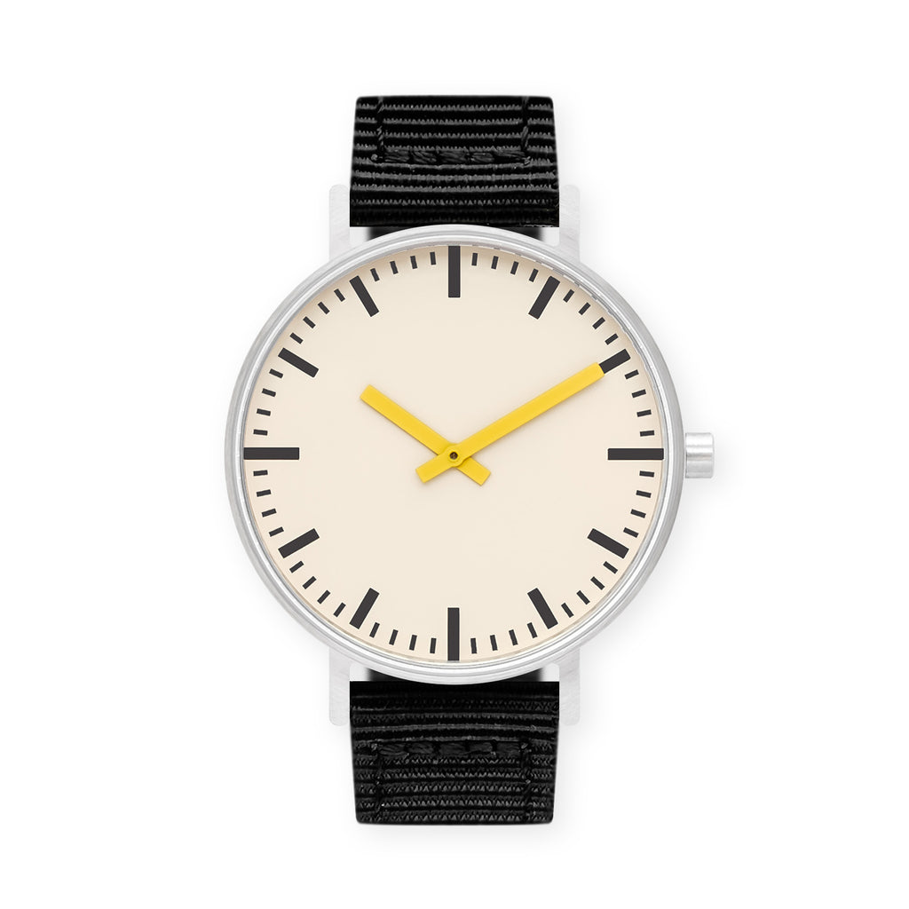 B50 Watch, Silver Case, Off White Dial, Yellow Hand, Nylon Strap - Black
