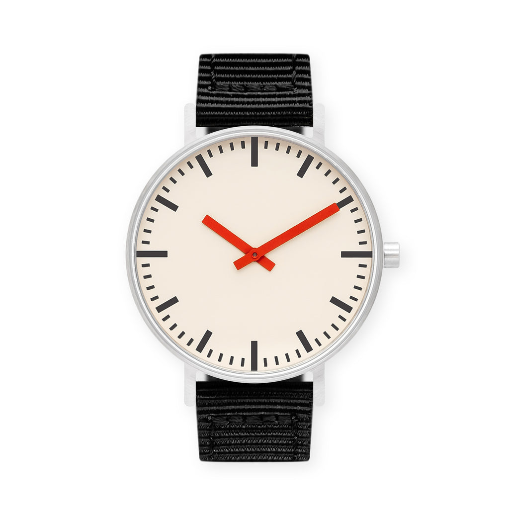 B50 Watch, Silver Case, Off White Dial, Red Hand, Nylon Strap - Black