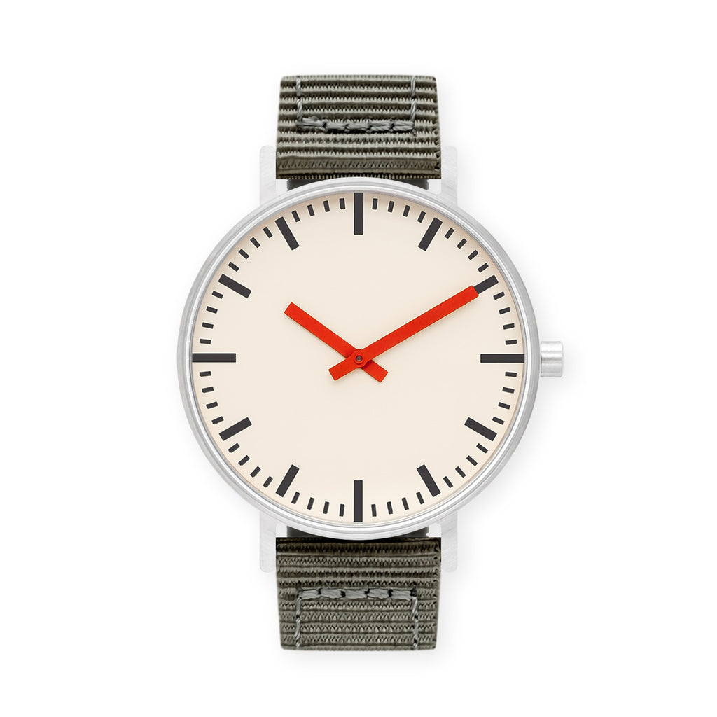 B50 Watch, Silver Case, Off White Dial, Red Hand, Nylon Strap - Gray