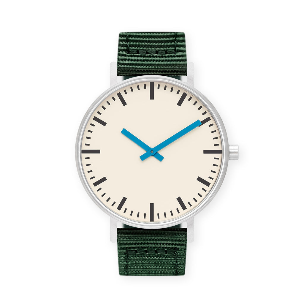 B50 Watch, Silver Case, Off White Dial, Blue Hand, Nylon Strap - Green