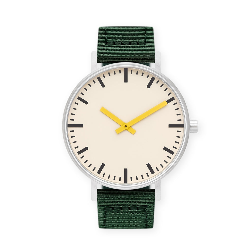 B50 Watch, Silver Case, Off White Dial, Yellow Hand, Nylon Strap - Green