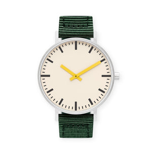 B50 Watch, Silver Case, Off White Dial, Yellow Hand, Nylon Strap - Green