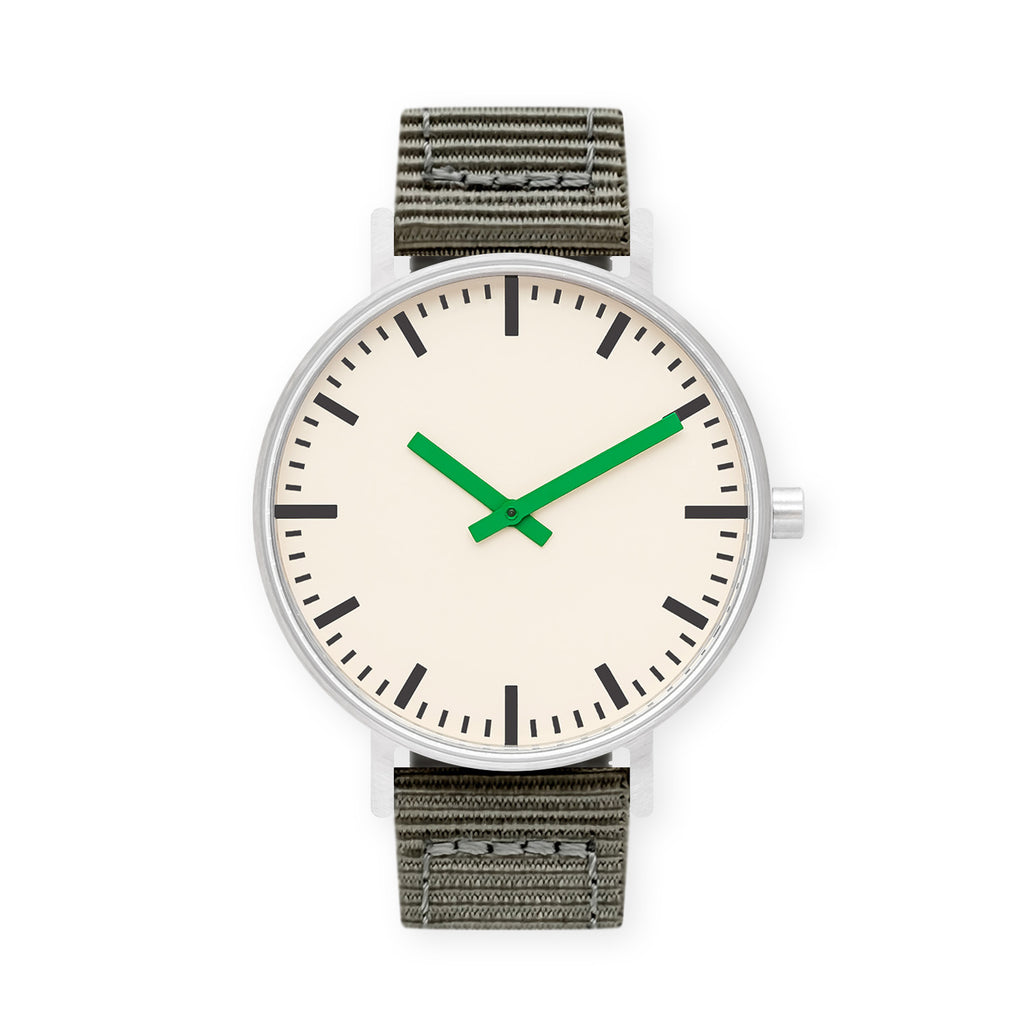 B50 Watch, Silver Case, Off White Dial, Green Hand, Nylon Strap - Gray