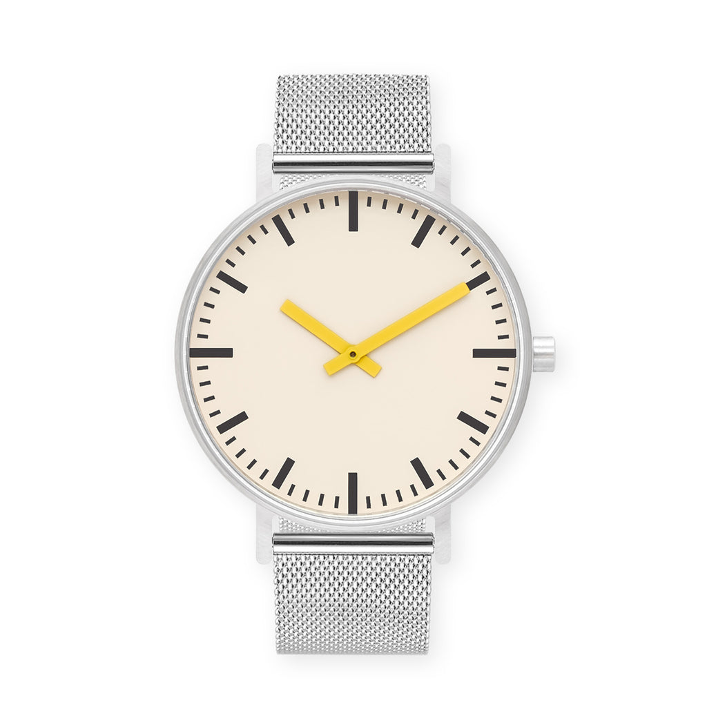 B50 Watch, Silver Case, Off White Dial, Yellow Hand, Stainless Steel Mesh Strap