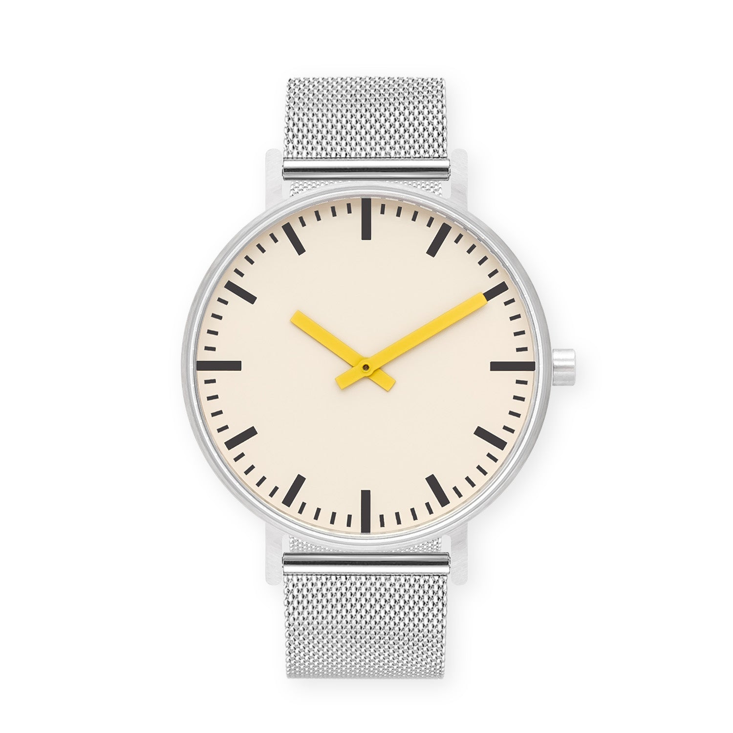B50 Watch, Silver Case, Off White Dial, Yellow Hand, Stainless Steel Mesh Strap