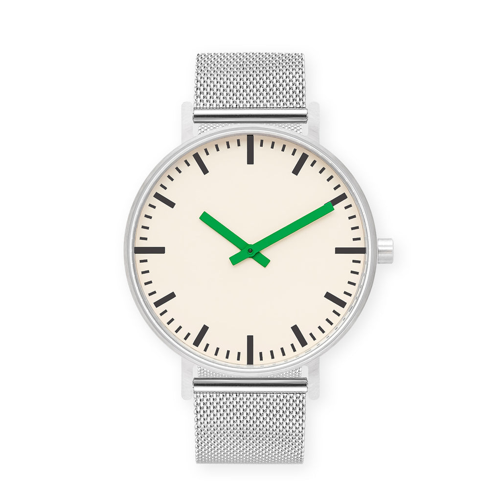 B50 Watch, Silver Case, Off White Dial, Green Hand, Stainless Steel Mesh Strap