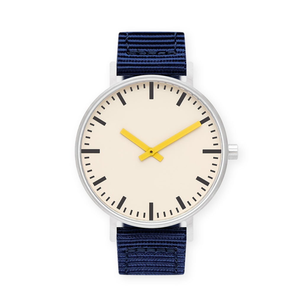 B50 Watch, Silver Case, Off White Dial, Yellow Hand, Nylon Strap - Navy