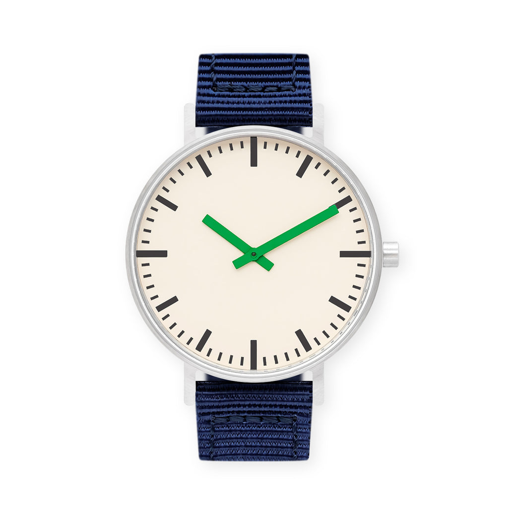B50 Watch, Silver Case, Off White Dial, Green Hand, Nylon Strap - Navy
