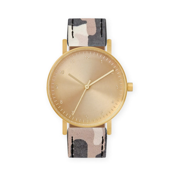 B60 Watch, Gold Case, Gold Dial, Leather Strap - Camouflage Khaki