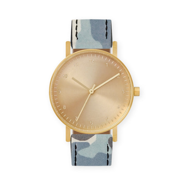 B60 Watch, Gold Case, Gold Dial, Leather Strap - Camouflage Blue