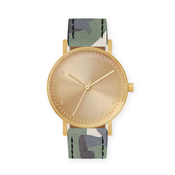 B60 Watch, Gold Case, Gold Dial, Leather Strap - Camouflage Green