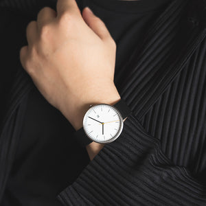 B202 Watch, Silver Case, White Dial, Calendar, Leather Strap - Black - BIJOUONE