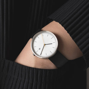 B202 Watch, Silver Case, White Dial, Calendar, Leather Strap - Black - BIJOUONE
