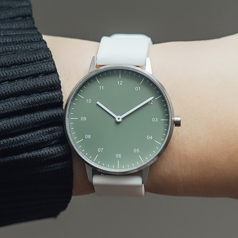 B40 Watch, Silver Case, Green Dial, Rubber Strap - White