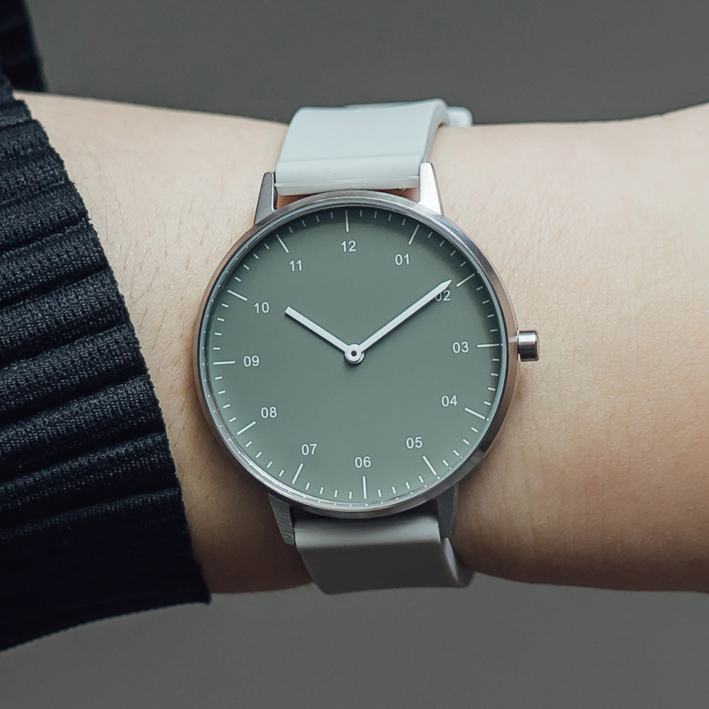 B40 Watch, Silver Case, Green Dial, Rubber Strap - Light Gray