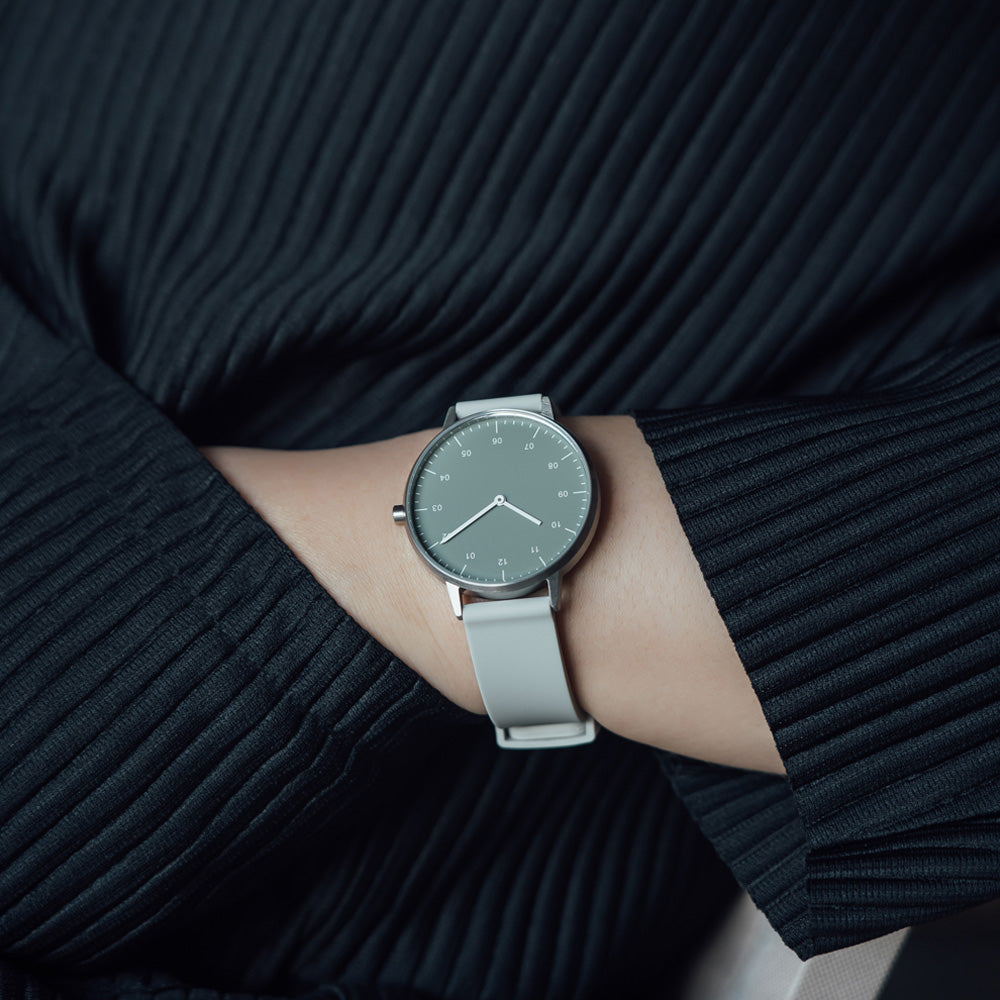 B40 Watch, Silver Case, Green Dial, Rubber Strap - Light Gray