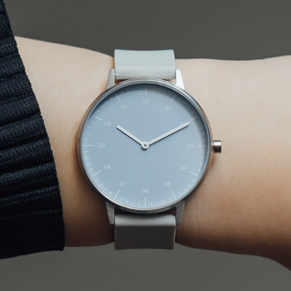 B40 Watch, Silver Case, Dusty Blue Dial, Rubber Strap - Light Gray