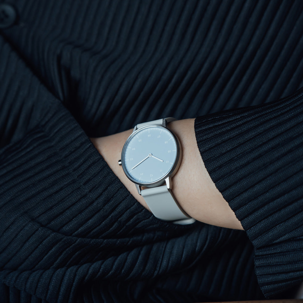 B40 Watch, Silver Case, Dusty Blue Dial, Rubber Strap - Light Gray