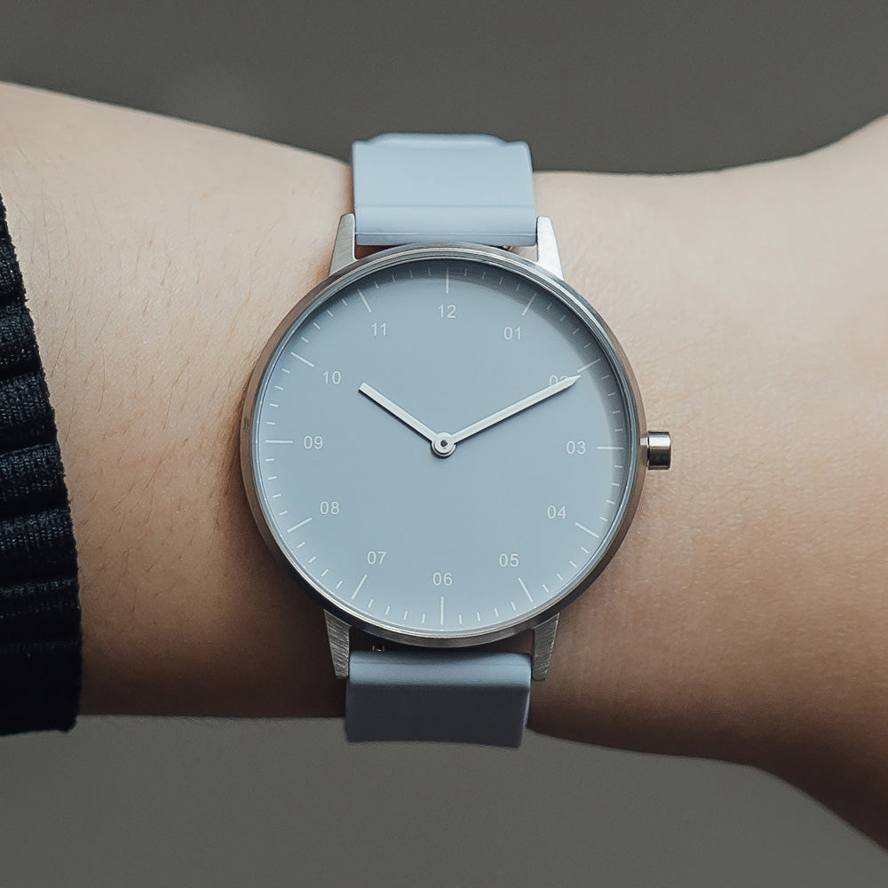 B40 Watch, Silver Case, Dusty Blue Dial, Rubber Strap - Dusty Blue