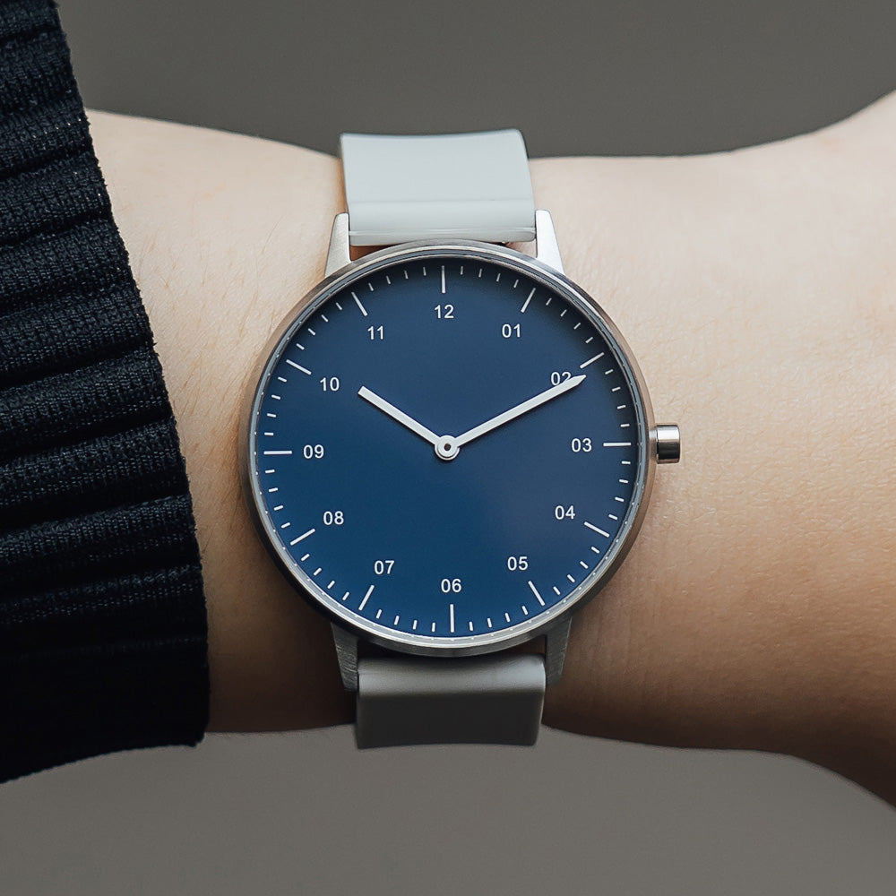 B40 Watch, Silver Case, Classic Blue Dial, Rubber Strap - Light Gray